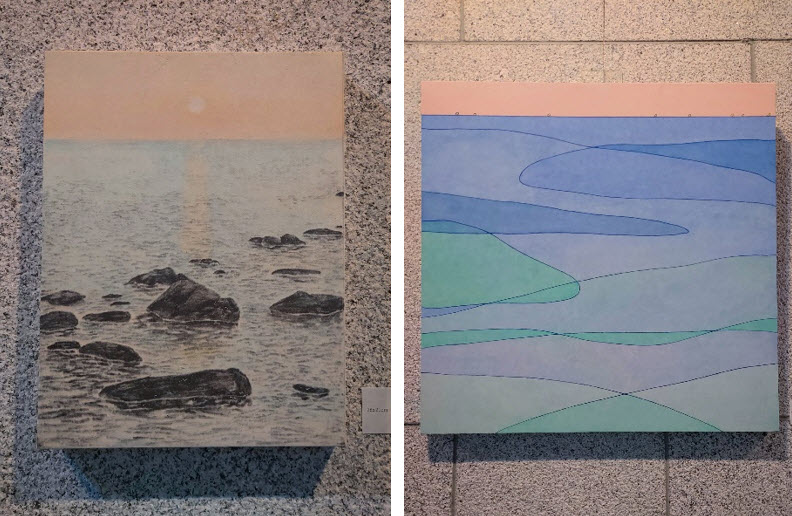 The two paintings above both portrayed the sea on Jang-ji (Korean paper). Soo-hyun Park’s 〈Oeongchi〉(Left) and Da-eun Jung’s 〈Sea Wave〉(Right)