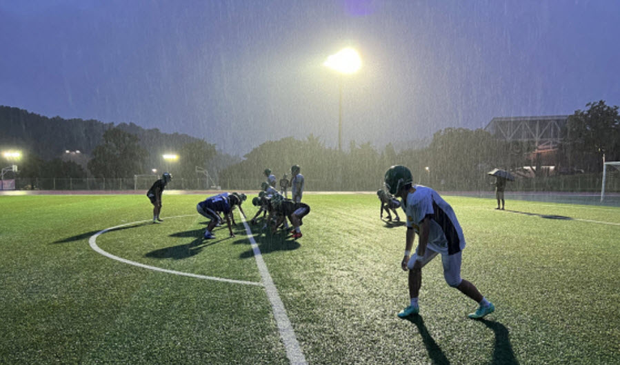 Evening practice in the pouring rain