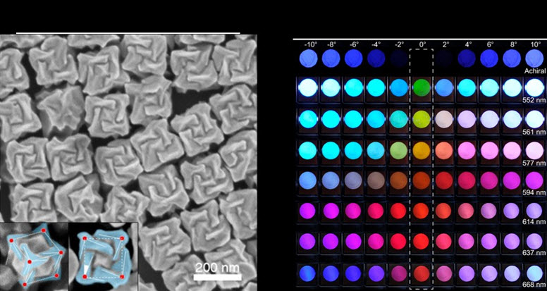 [Figure2] Electron microscope image of synthesized chiral gold nanoparticles (left), where the chiral components are highlighted in blue, and a potential application in a color display as a three-dimensional polarizer (right).