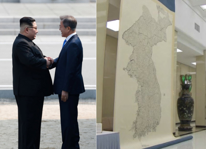 Left: South Korean President Moon Jae-in (right) and North Korean Leader Kim Jong-un, Right: The <i>Daedongyeojido</i> newly installed at Mokran House in Pyongyang